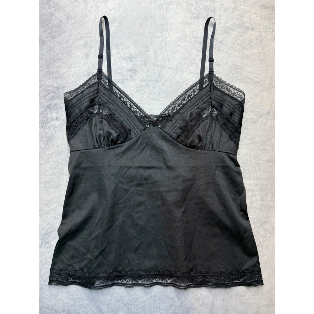 Vintage‎ Black Lace Trim Nylon Camisole Top Sz S USA made goth grunge whimsigoth
